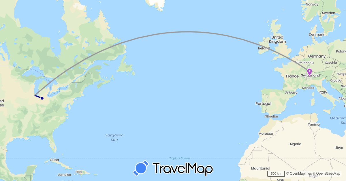 TravelMap itinerary: driving, plane, train in Switzerland, United States (Europe, North America)